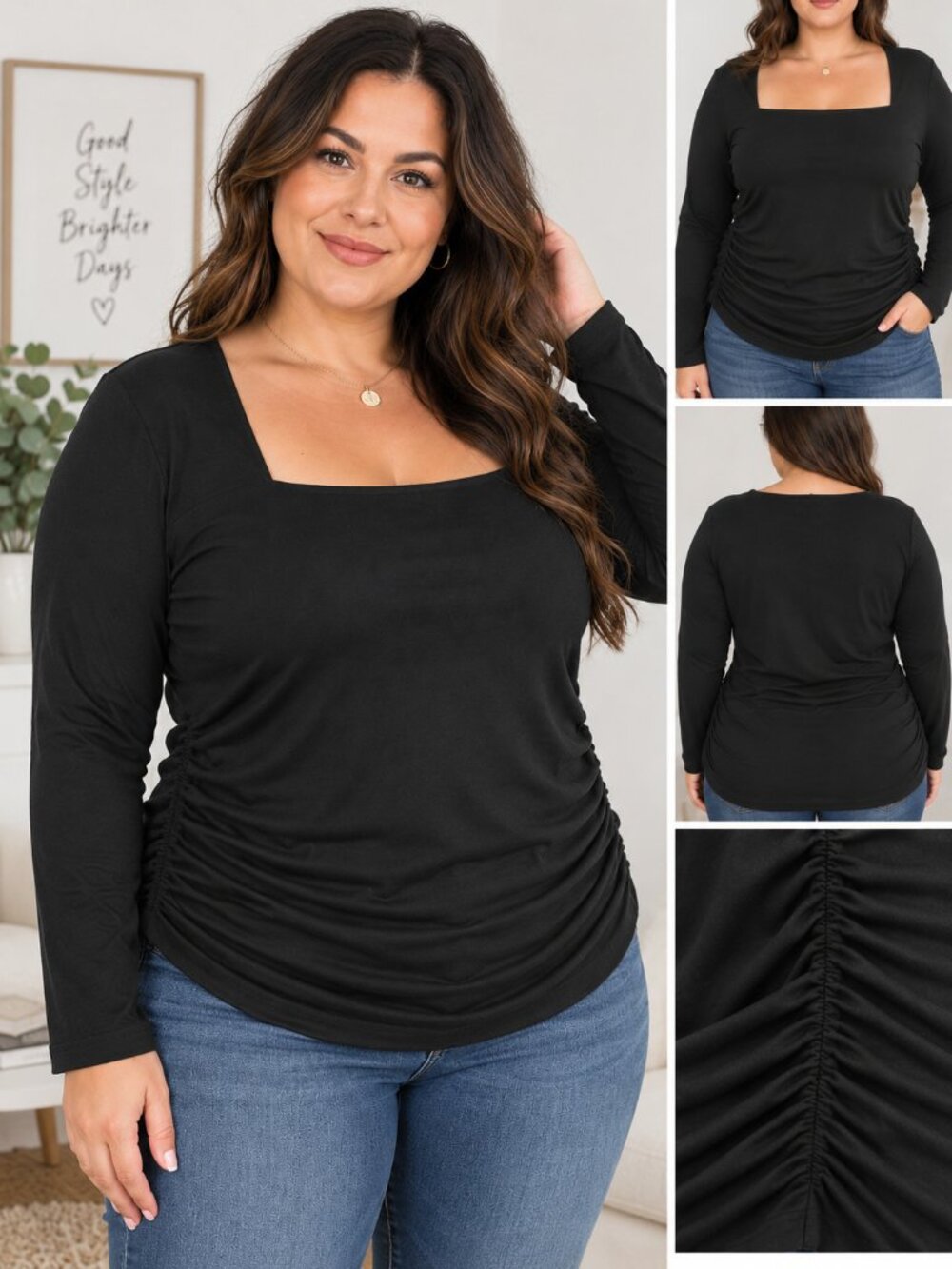 Women’s 4XL Black Square Neck Ruched Side Long Sleeve Top Plus Size Stretch Date